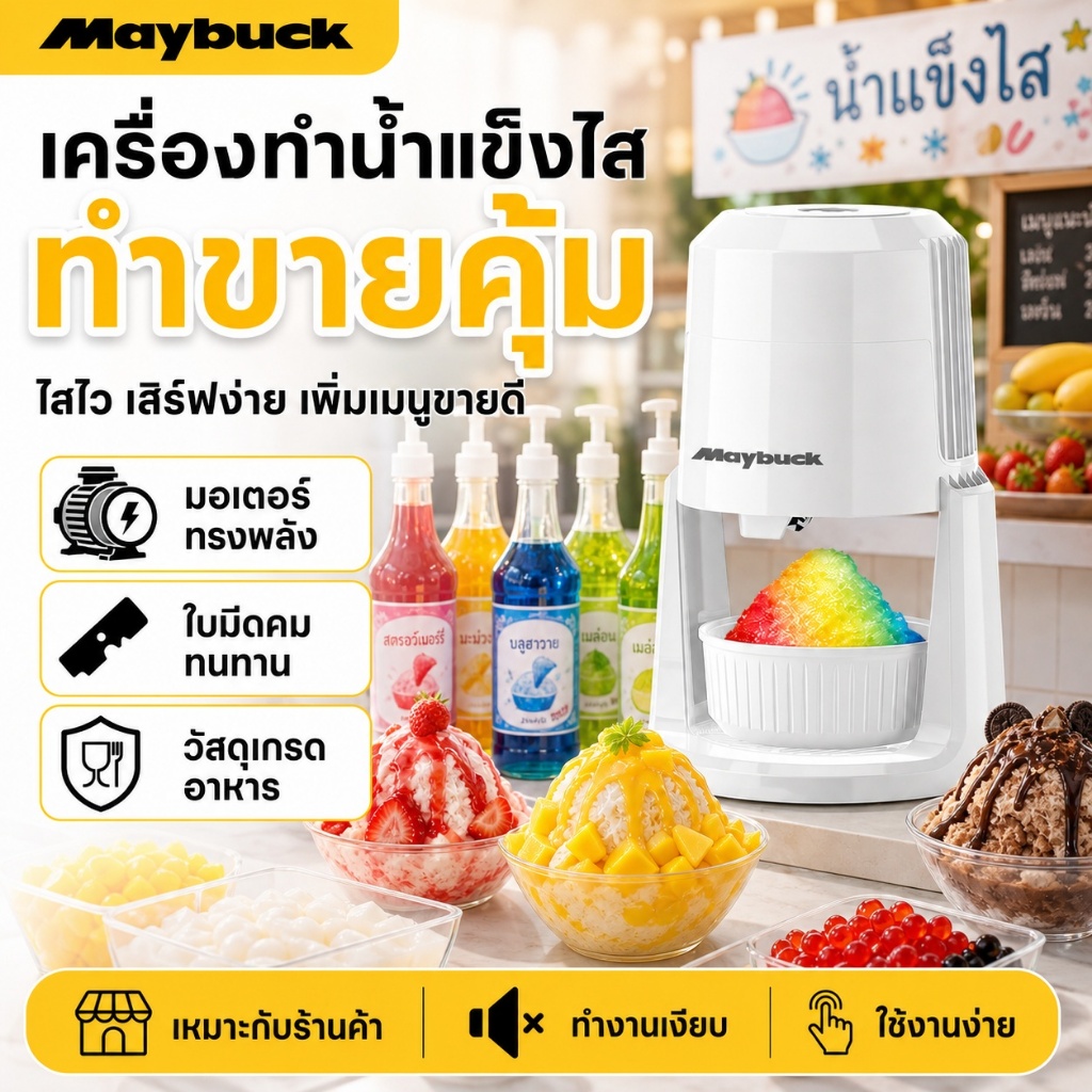 เครื่องทำน้ำแข็งไสไฟฟ้า น้ำแข็งละเอียด มอเตอร์เสถียร ใช้งานง่าย รองรับน้ำแข็งทุกขนาด เหมาะสำหรับแผงลอย ร้านเครื่องดื่ม