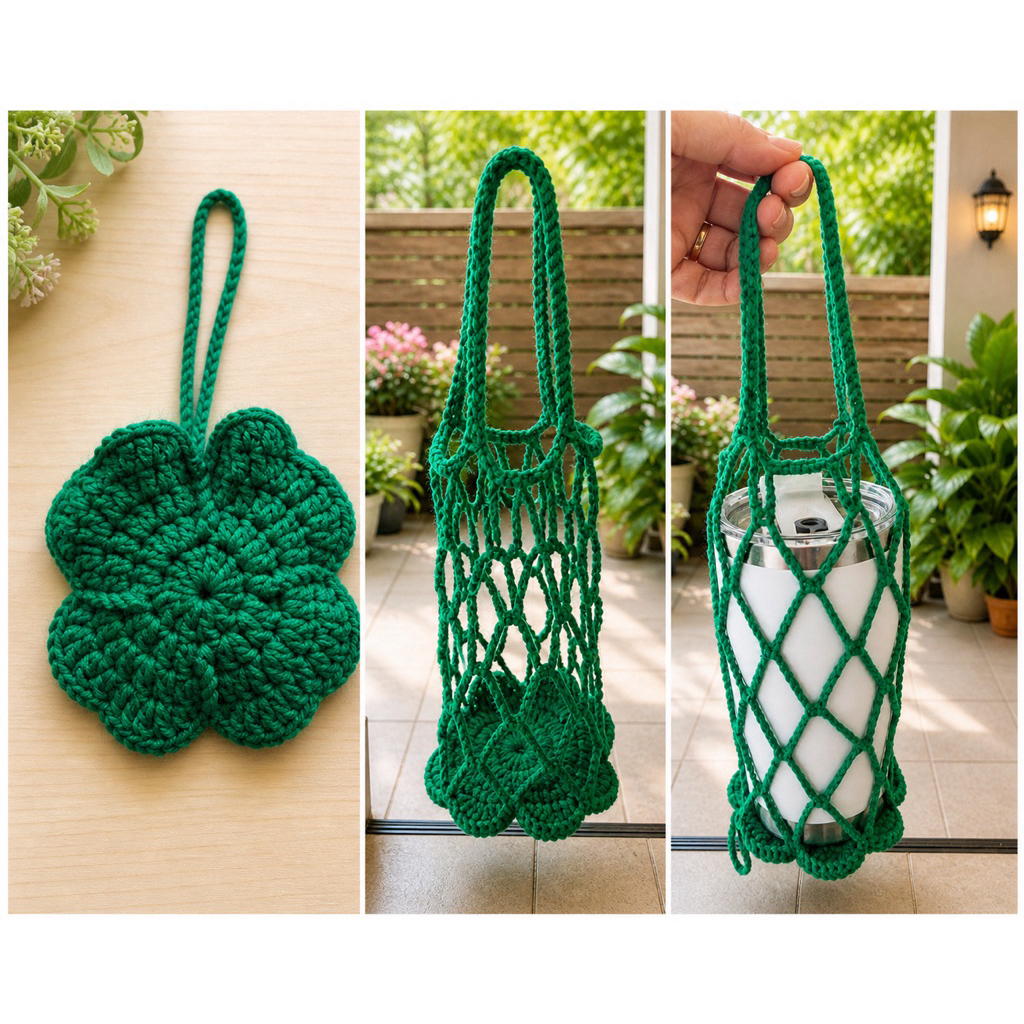 ถุงตาข่ายโครเชต์ใส่แก้ว 4 leaf clover cup holderใบโคลเวอร์ 4 แฉก พับเก็บได้ นำมาห้อยกระเป๋า  โครเชต์ ใบแห่งความโชคดี