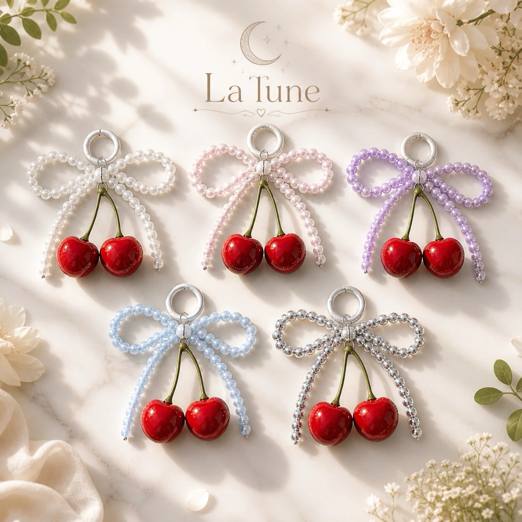 La Lune พวงกุญแจโบว์เชอร์รี่ พวงกุญแจแต่งกระเป๋า พวงกุญแจเชอร์รี่ สไตล์เกาหลี น่ารักหวานๆ