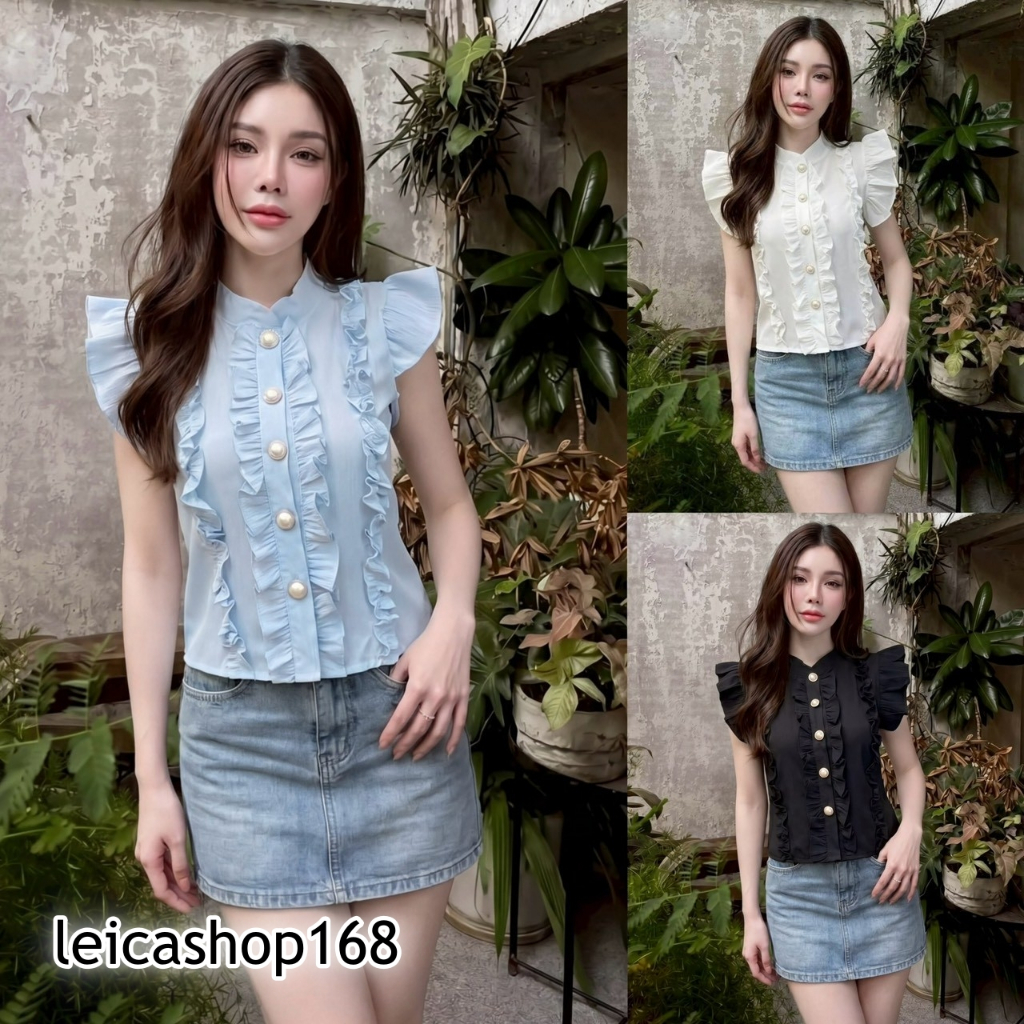 สินค้าพร้อมส่ง เสื้อแฟชั่น ผ้าครัช สไตล์เวียดเวียดนาม แขน-ดีเทลแต่งระบาย กระดุมหน้า เข้ารูป  ใส่แมท ใส่ออกงาน LG136