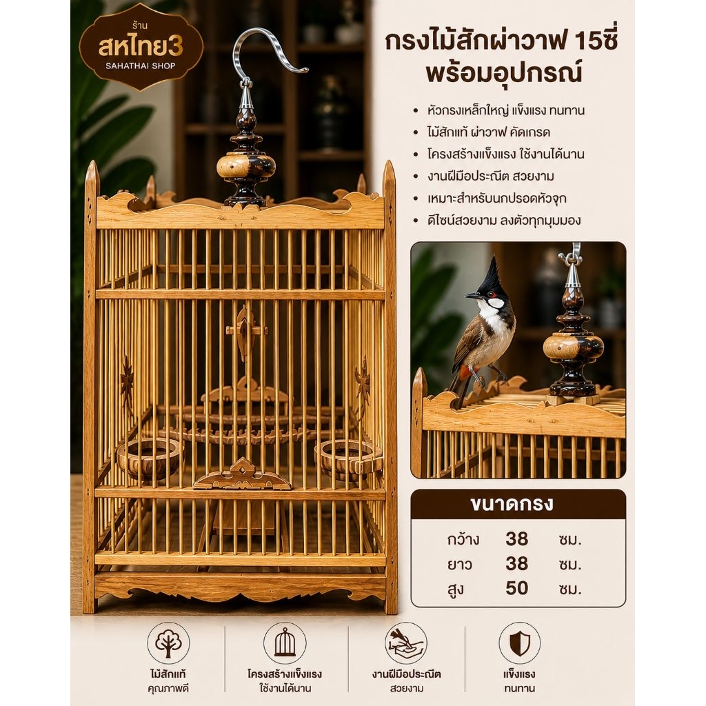 กรงนกหัวจุกผ่าวาฟ15ซี่  แบบ (A) ไม้สัก อุปกรณ์ ติดกรง หัว รองแก้ว เกียวกล้วย คอนข้าง ห่วงกระโดด