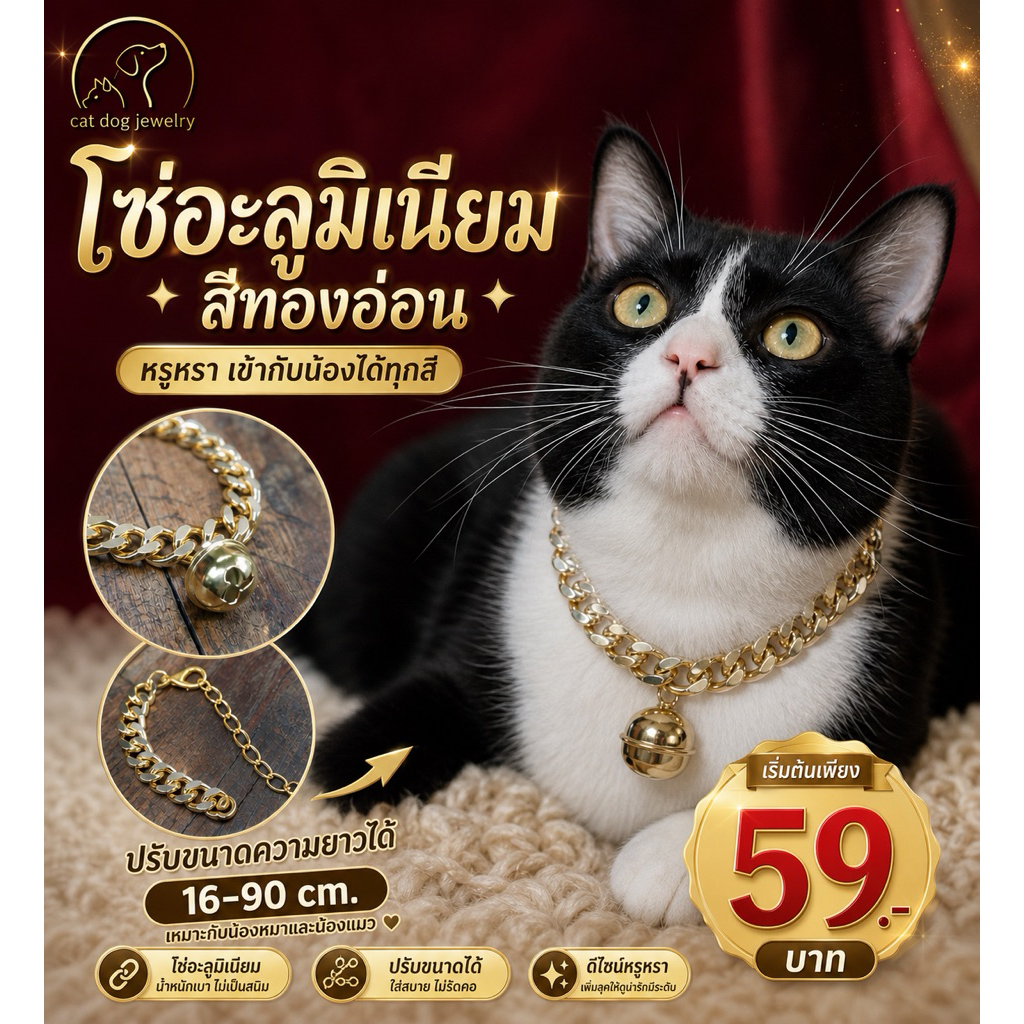 โปรโมชั่นซื้อ3แถม1 สร้อยคอสัตว์เลี้ยง โซ่ทองอ่อน ปรับขนาดความยาวได้น้ำหนักเบา