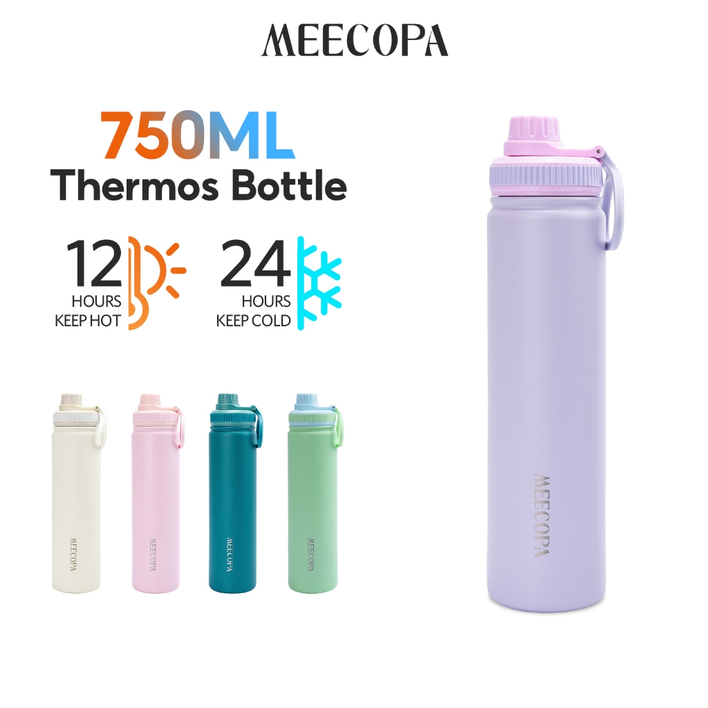MEECOPA ขวดน้ำพกพาเก็บความร้อนและความเย็น 750ml สแตนเลส304 360°กันรั่ว ใช้ได้ทั้งในบ้าน/กลางแจ้ง/สำนักงาน