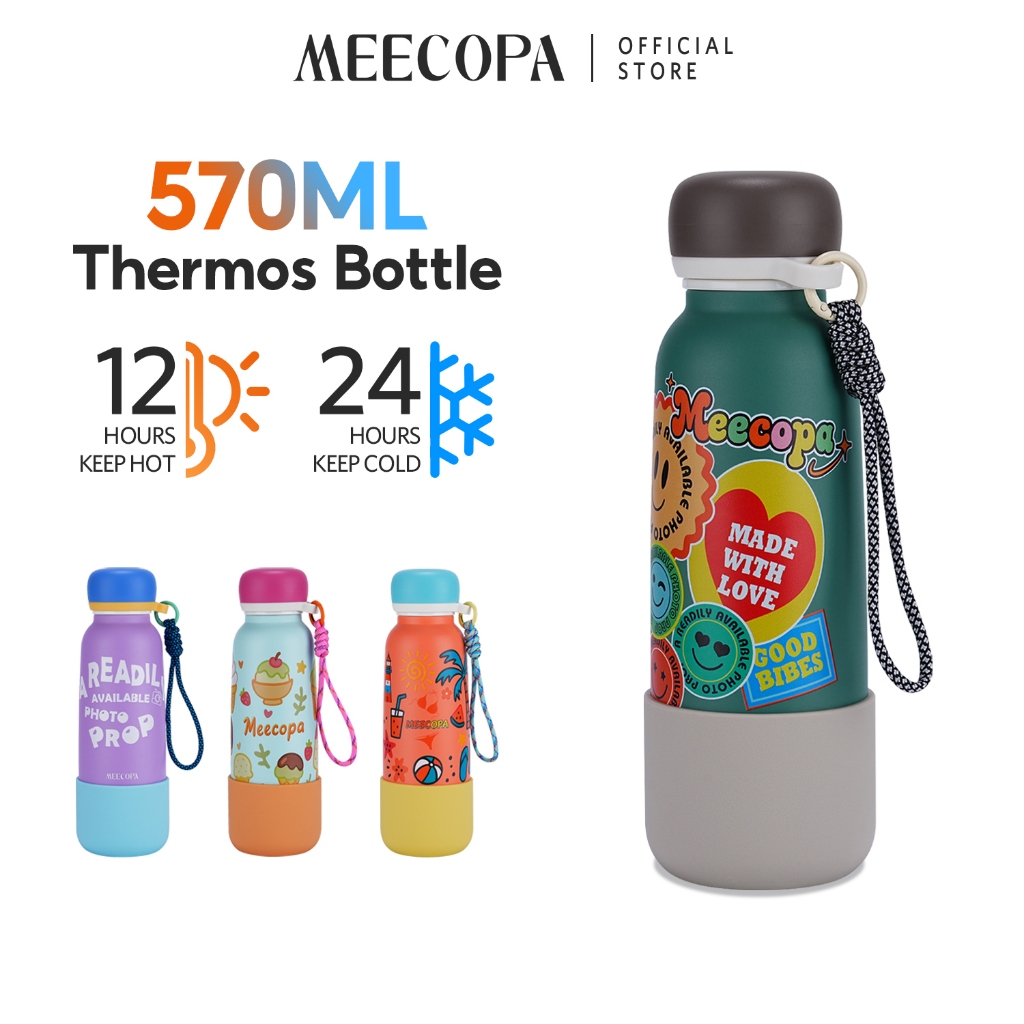 MEECOPA ขวดน้ำสแตนเลส304 มีหลอดดูด ยางรองก้น 570ml เก็บร้อน-เย็น วางถุงที่ไม่เปียกแบบสุ่ม มือถือพกพา