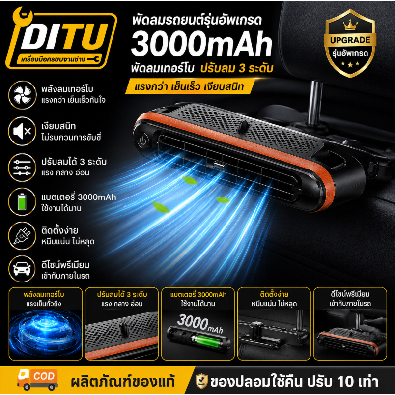 🚚3000mAhเวอร์ชันอัปเกรด🚚 พัดลมเบาะหลัง พัดลมระบายความร ้ อน พัดลมพกพา 3 ความเร ็ ว พัดลมติดรถยนต ์ USB สําหรับรถบรรทุก