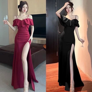 DS-8🍹ชุดเดรสยาว ผ่าหน้าทรงสวย เดรสยาว ชุดเดรส ชุดออกงาน ชุดราตรี เดรส สายเดี่ยวปาดไหล่เรียบหรู สายเดี่ยวกระโปรงผ่าข้าง🍹