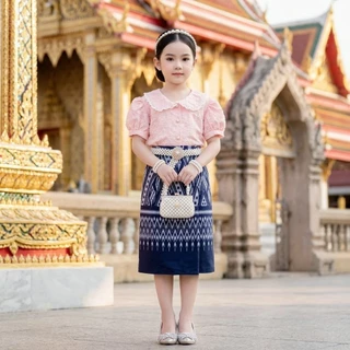 ชุดไทยเด็ก รุ่นเช็ตเสื้อครอปคอบัว+ผ้าถุงผ้าฝ้ายสำเร็จรูป