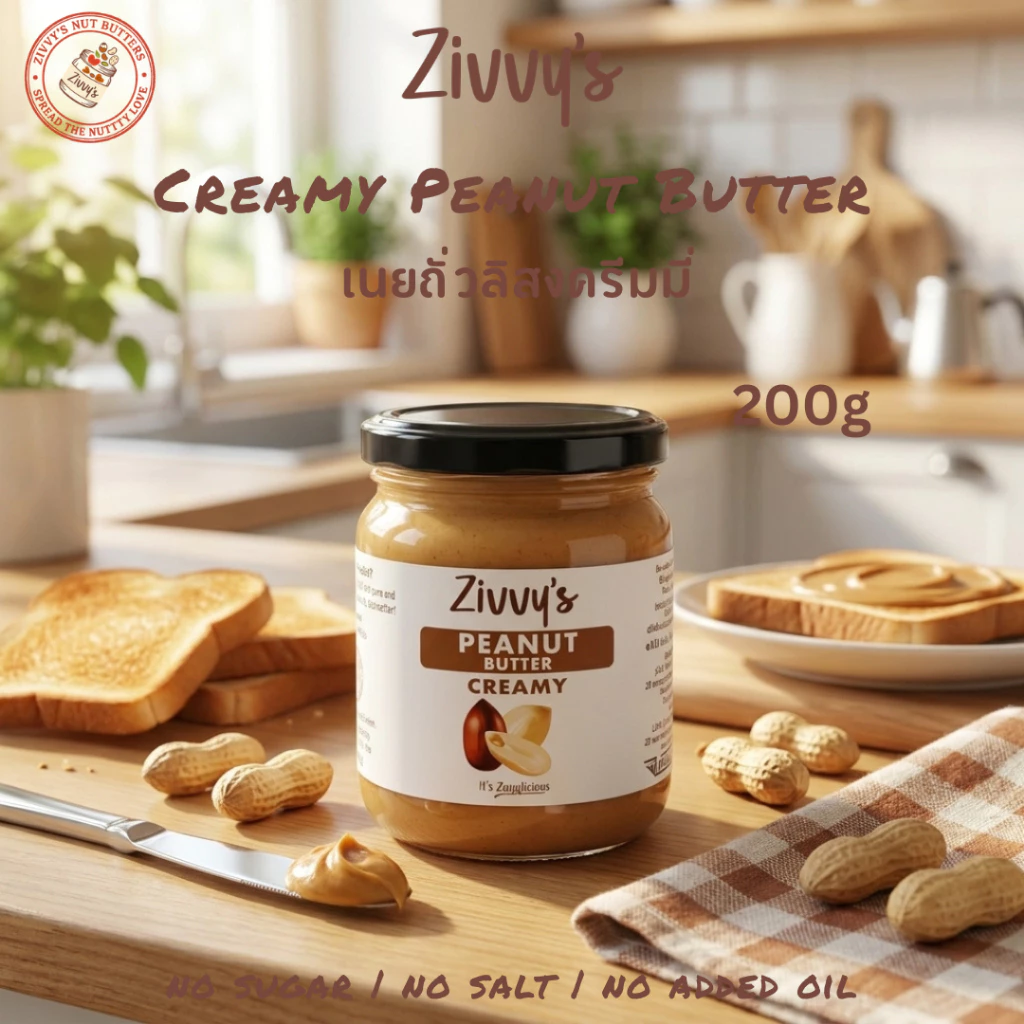 เนยถั่วลิสงครีมมี่ 100% | Creamy Peanut Butter | โปรตีนจากพืช ไฟเบอร์สูง ไม่มีน้ำตาล เกลือ และน้ำมันเพิ่ม | Zivvy's