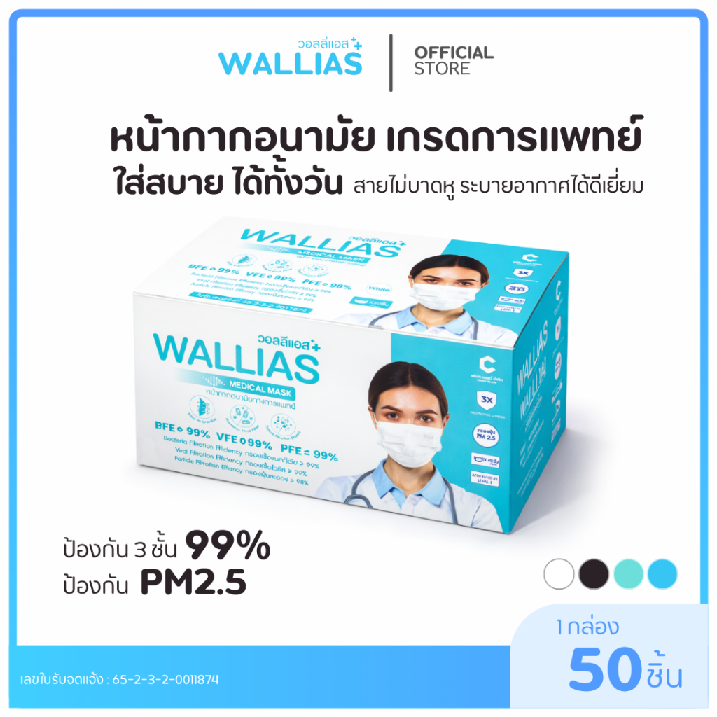 【แมส 3 ชั้น】Wallias หน้ากากอนามัยทางการเเพทย์ หนา 3 ชั้น กล่อง 50 ชิ้น กันฝุ่น PM2.5 ใส่สบาย