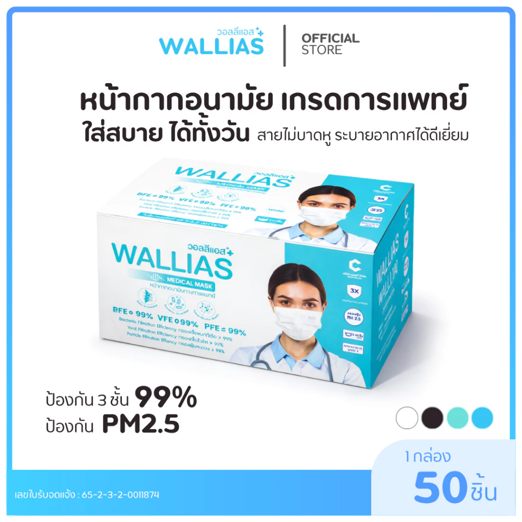 【แมส 3 ชั้น】Wallias หน้ากากอนามัยทางการเเพทย์ หนา 3 ชั้น กล่อง 50 ชิ้น กันฝุ่น PM2.5 ใส่สบาย
