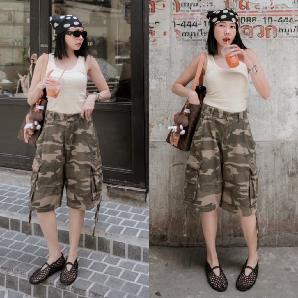 (พร้อมส่ง) Vintage camo cargo shorts กางเกงผ้ายีนส์บางลายทหารรุ่น 61821 TAG FSY🇰🇷