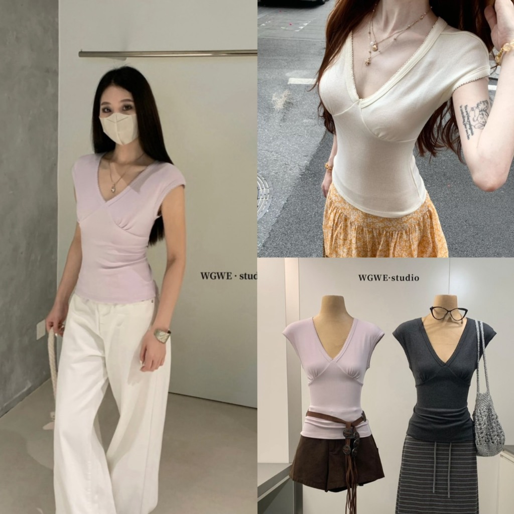 เสื้อคอวีไหล่ล้ำเนื้อผ้าดีรุ่น W9481 TAG WG.WE 🇰🇷
