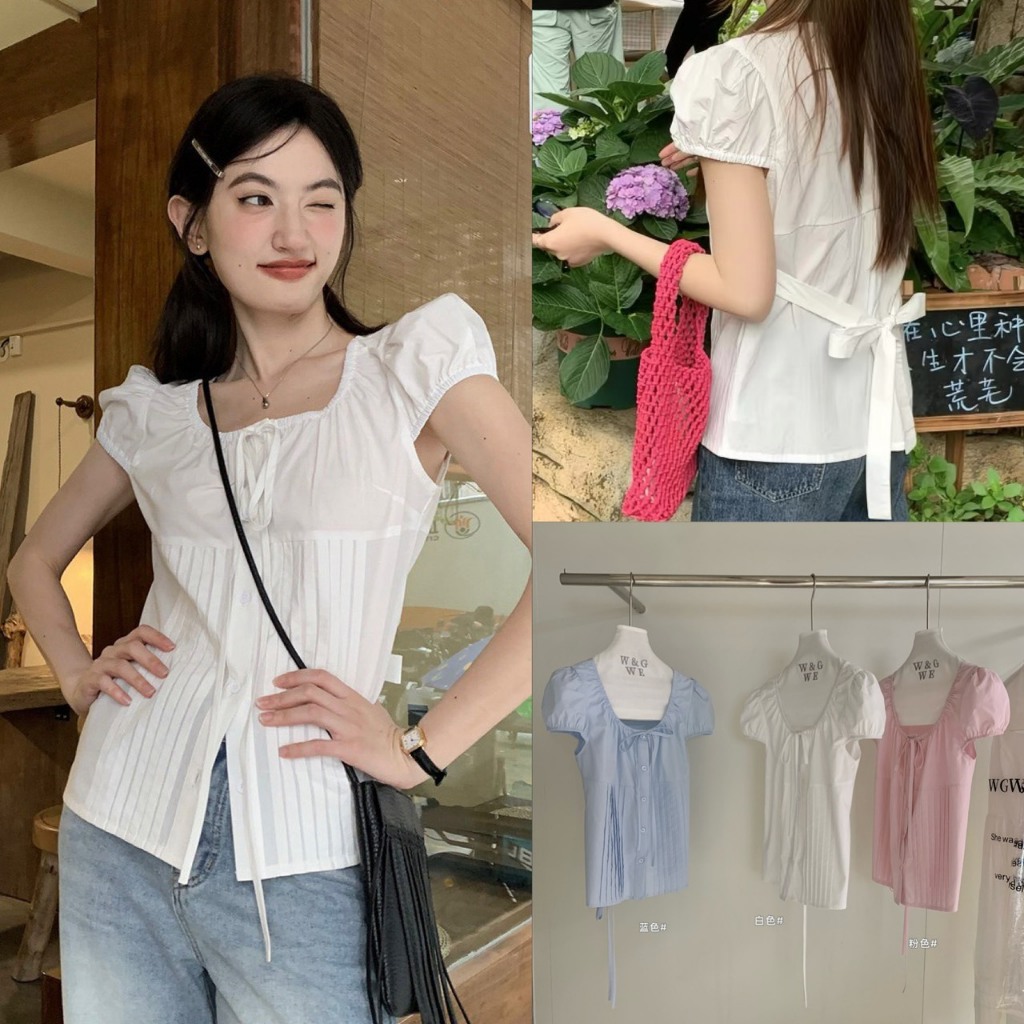 W9211 เสื้อแขนสั้น แขนตุ๊กตา คอปก แต่งกระดุม แต่งเชือกมัดโบว์ ทรงสวย ผ้าดีใส่สบาย แฟชั่นเกาหลี TAG WG.WE
