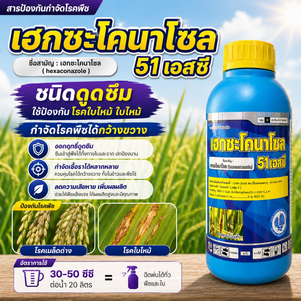 เฮกซะโคนาโซล ( 1 ลิตร ) ใช้ป้องกันกำจัดโรคพืช ใบไหม้ เมล็ดด่าง ใบจุดในกล้วยไม้ แอนแทรคโนสในทุเรียน