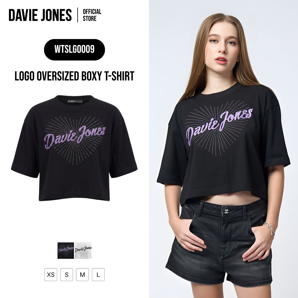 DAVIE JONES WOMEN [BE FEARLESS] เสื้อยืดผู้หญิง Logo Oversized Boxy T-Shirt สีดำ ขาว LG0009