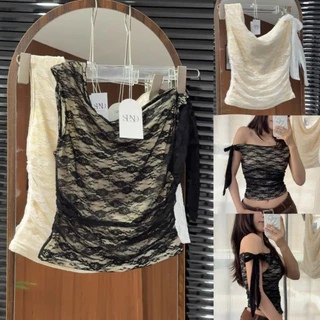 SPND【พร้อมส่ง】LACEY Bow TOP เสื้อลูกไม้เปิดไหล่ผูกโบว์ข้าง มี2สี (A9507)