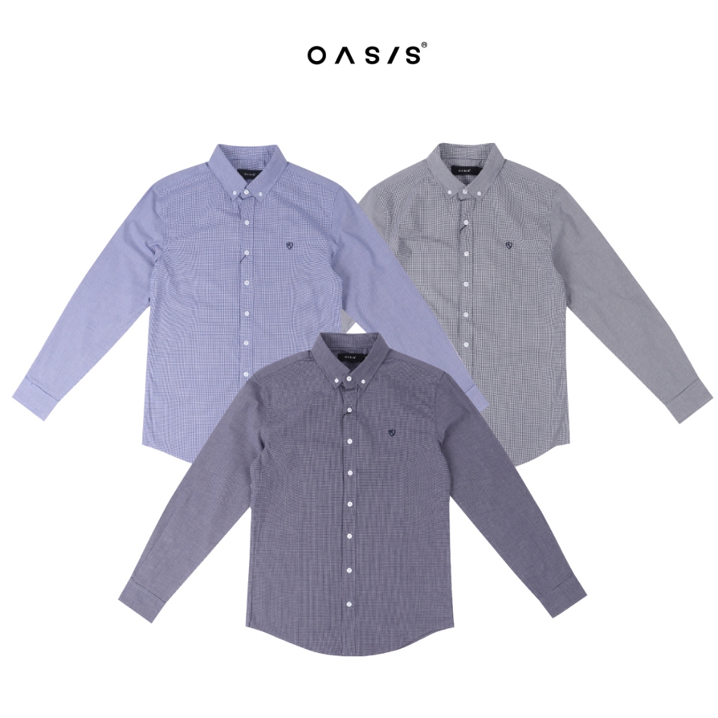 OASIS เสื้อเชิ้ตผู้ชายแขนยาว ลายสก็อตเล็ก ผ้าCotton รุ่น MWLB-4009-21 สีดำ , กรมท่า , น้ำเงิน