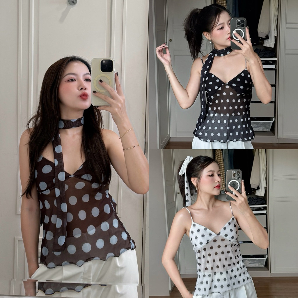 M133- เสื้อสายเดี่ยวตาข่ายลายจุด รุ่น “Dot Mesh” แถมผ้าผูกคอ