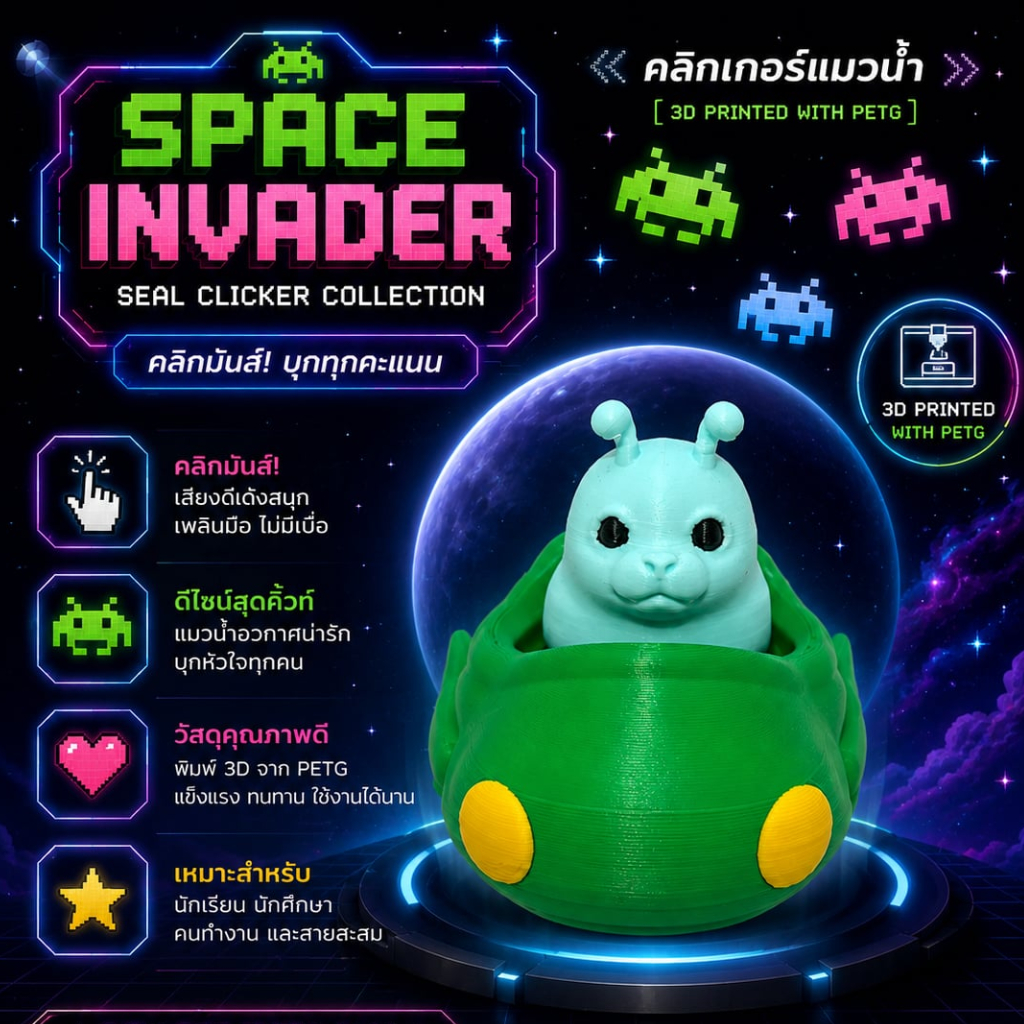 คลิกเกอร์แมวน้ำอวกาศ 3D Print | ของเล่นคลิกมันส์ Space Invader Seal | DukeDick PETG ของขวัญ คนทำงาน นักเรียน