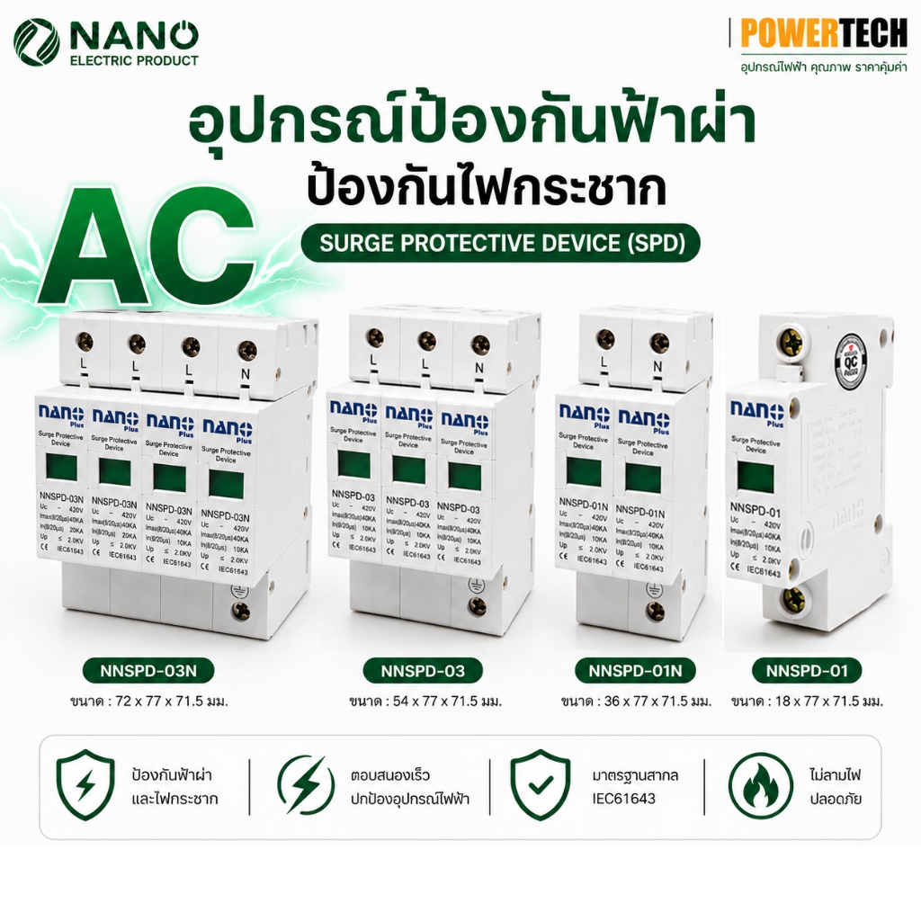 NANO PLUS อุปกรณ์ป้องกัน ฟ้าผ่า กันฟ้าผ่า ป้องกันไฟกระชาก SPD  20-40kA NNSPD-01 NNSPD-01N NNSPD-03 NNSP