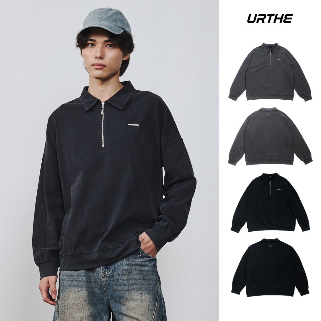 URTHE - เสื้อสเวตเตอร์ Oversize รุ่น MIDNIGHT HALF-ZIP COLLARED SWEATSHIRT