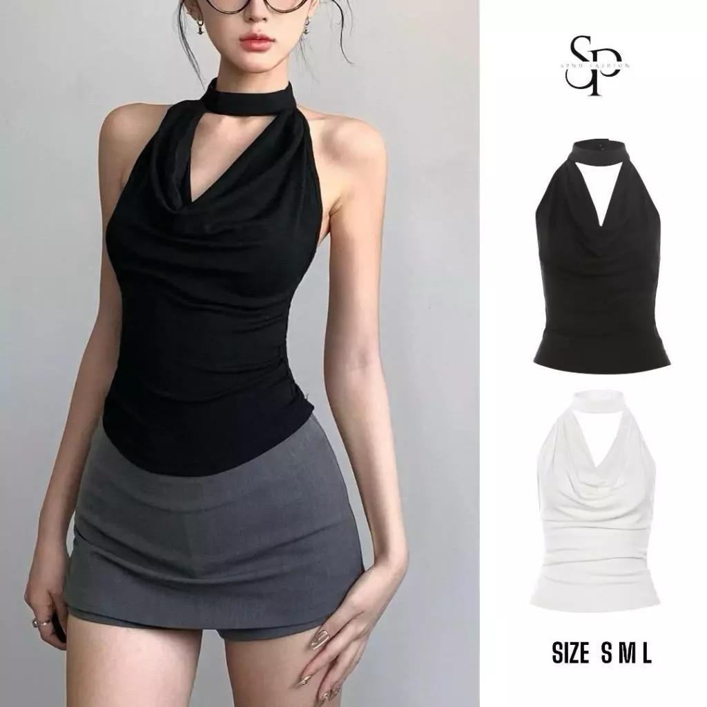SPND 【พร้อมส่ง】เสื้อครอปคอถ่วงคล้องคอ โชว์หลัง มีสองสี ขาวดำ (2603)