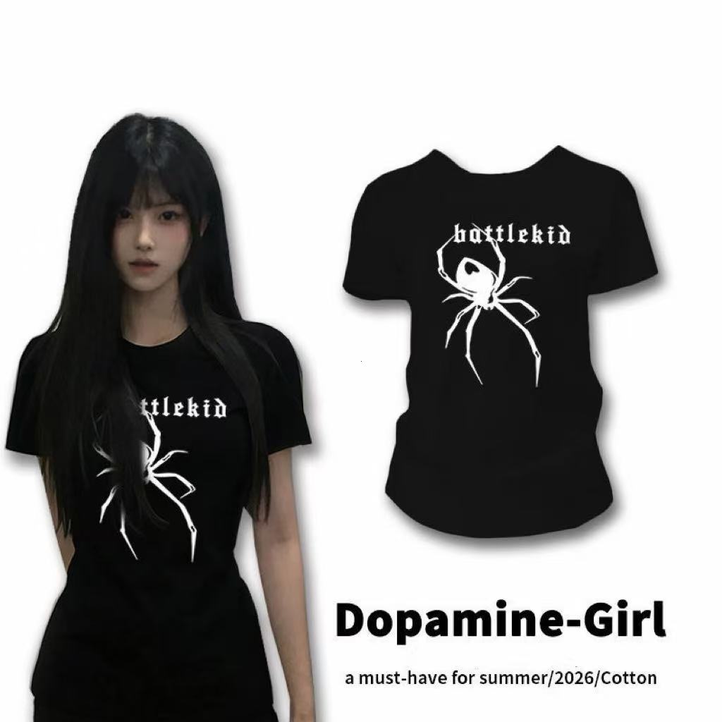 COD พร้อมส่ง เสื้อยืดฤดูร้อนสีดำ ลายกราฟิกแมงมุม แขนตรงตัดตัวสวย สไตล์สาวแซ่บอินส์ ไฮเอนด์ขายดี
