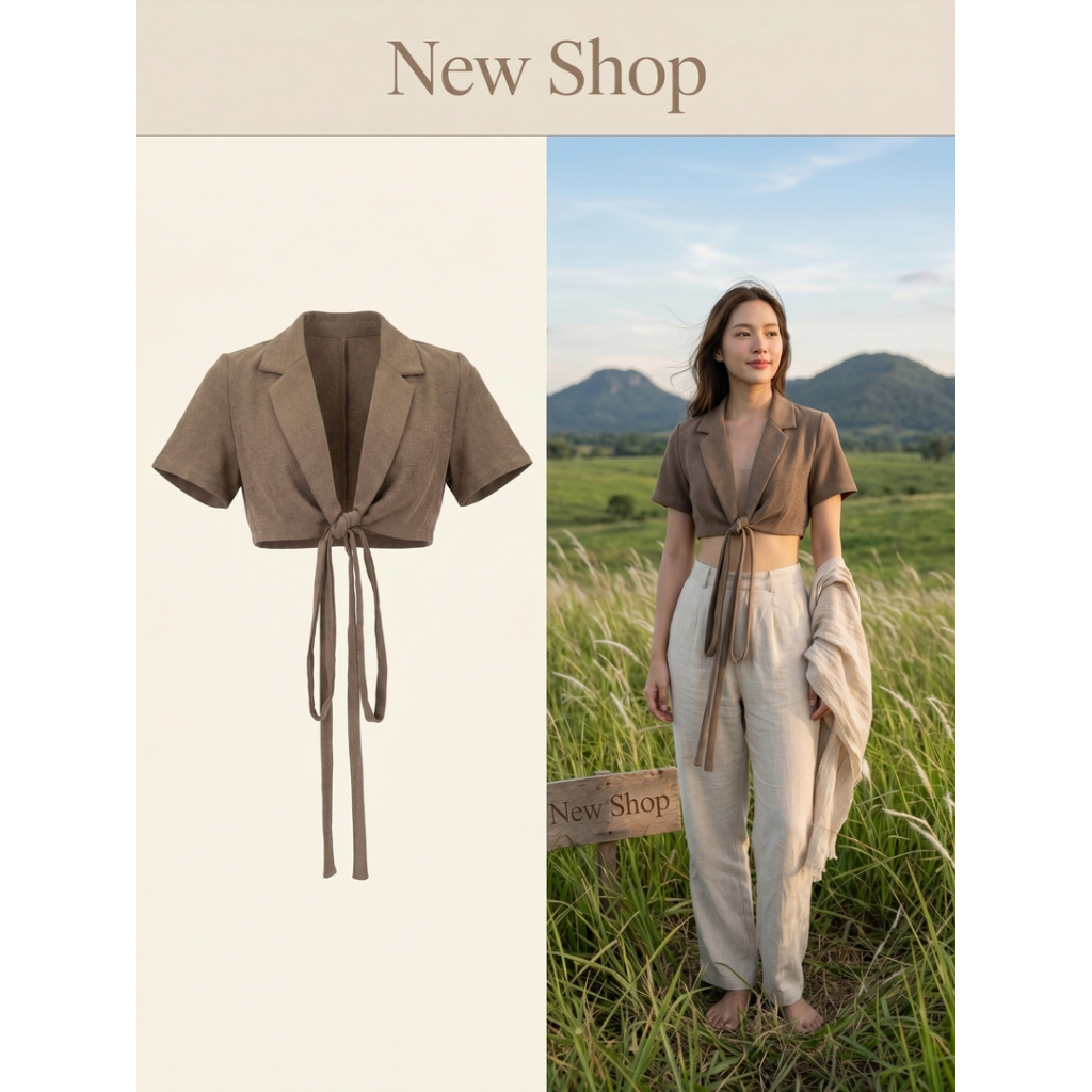 เสื้อเชิ้ตทรงครอป แขนสั้น ผ้าลินินผสมโพลี ผูกโบว์หน้า สีน้ำตาล
