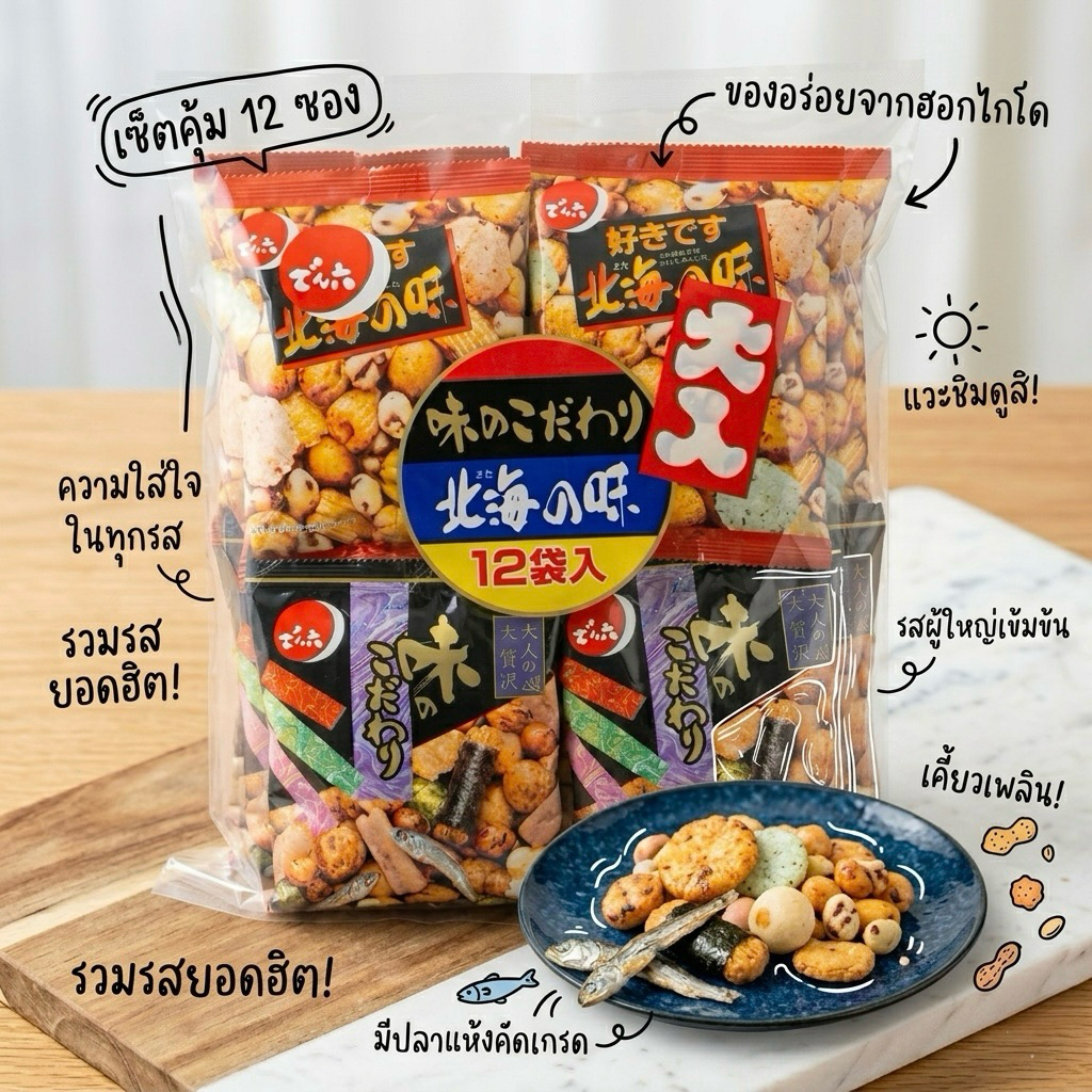 พร้อมส่งในไทย เดนโรคุ ของว่างทานเล่น 8 ชนิด แพคละ12ห่อ หิ้วจากญี่ปุ่น