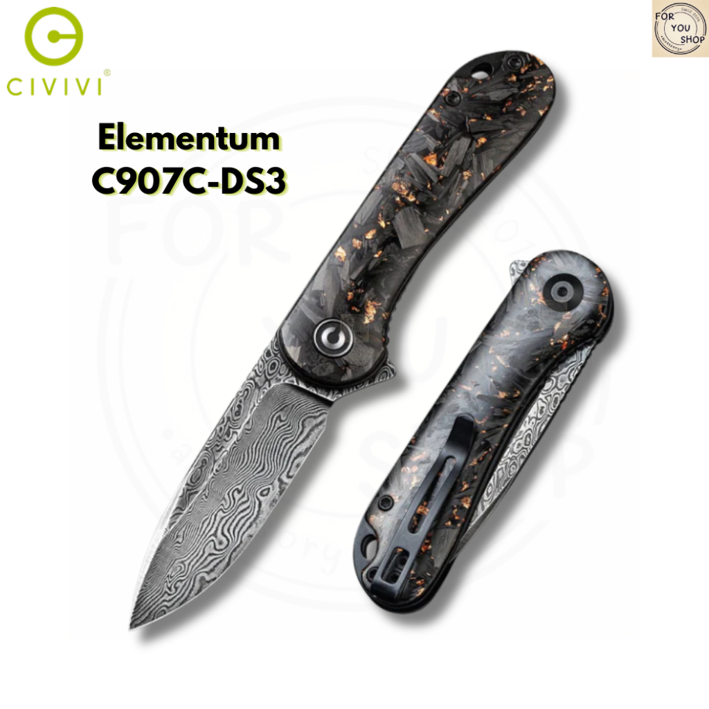 มีดพับ CIVIVI Elementum ใบมีด Damascus 2.96นิ้ว ด้าม Carbon Fiber ระบบ Liner Lock Flipper KnifeEDC รุ่น C907C-DS1-3 907C