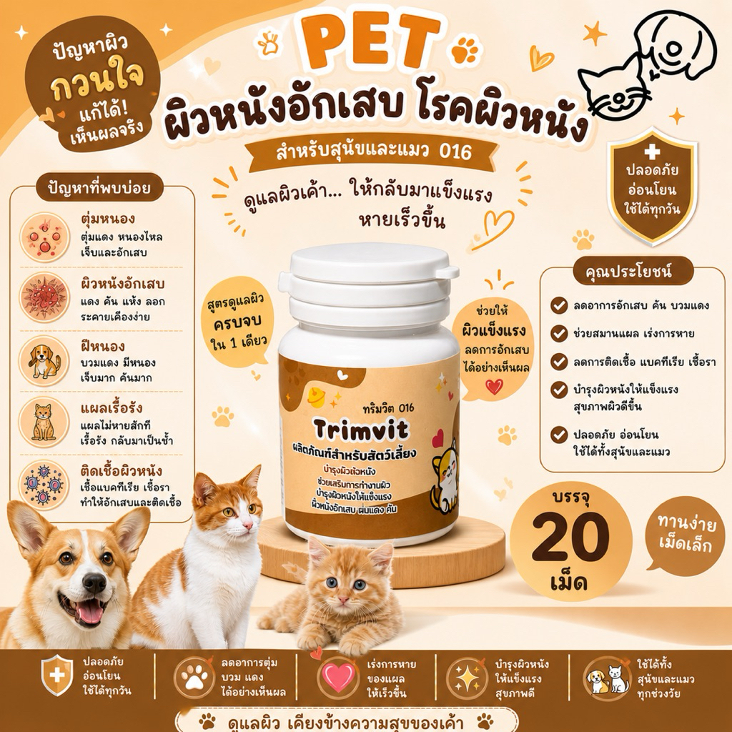 Trimvit เสริมอาหารสัตว์เลี้ยง ผิวหนังอักเสบ ฝีหนอง แผลเรื้อรัง หวัดสุนัข (สีครีม)
