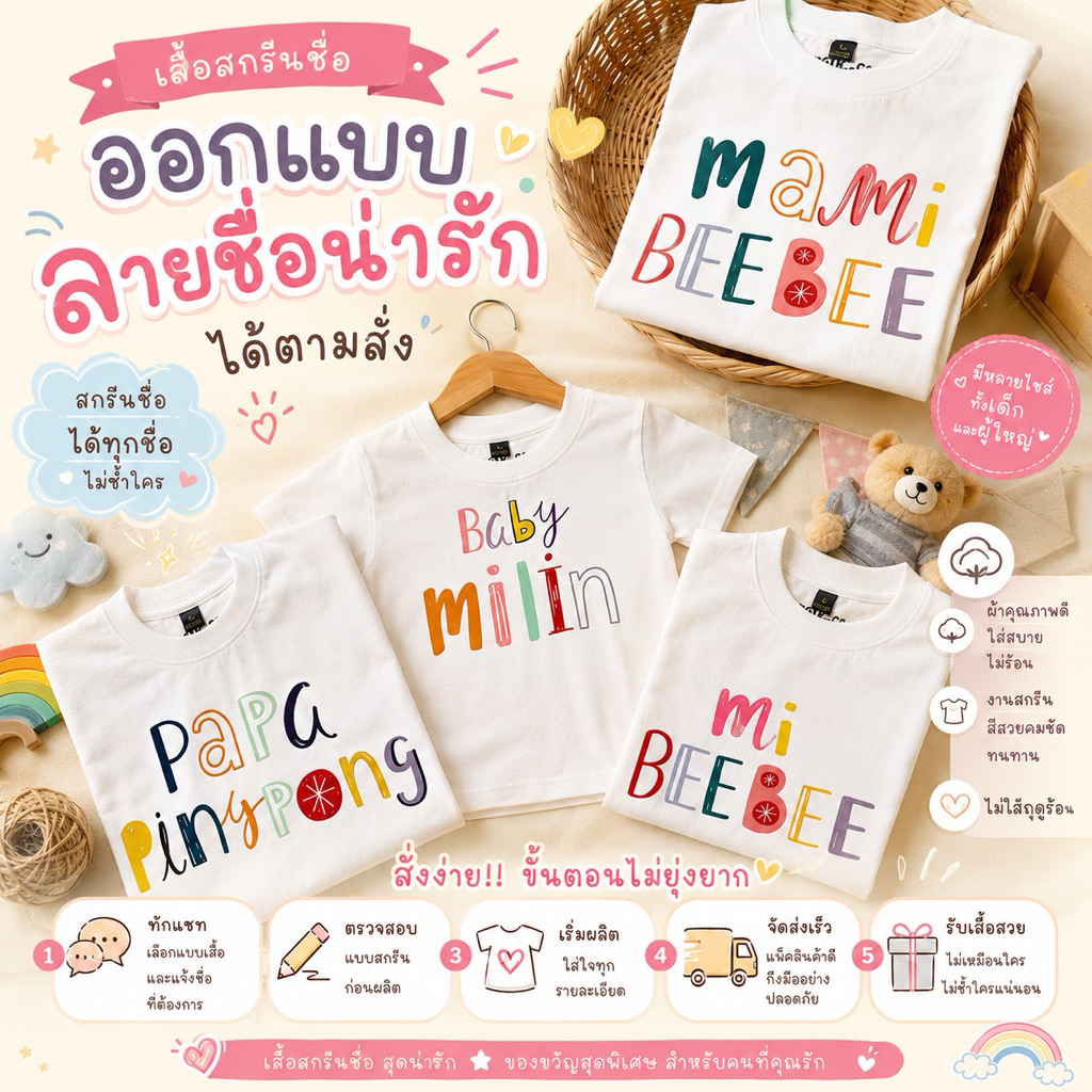 เสื้อสกรีนตามสั่ง อักษรABC คอกลมแขนสั้นสีขาว สั่งทำชื่อได้ตามต้องการ