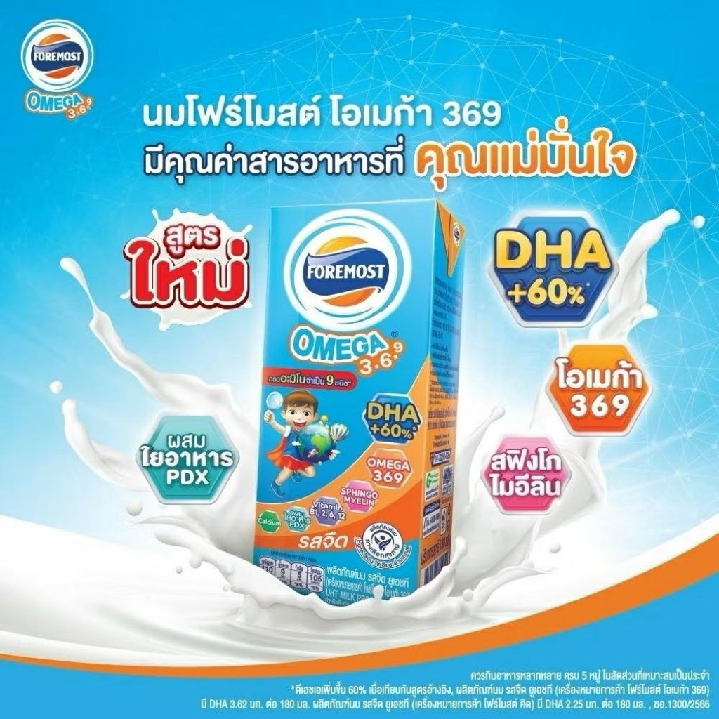 Foremost Omega 369 นม UHT รสจืด ขนาด 180 มล. (ยกลัง 36 กล่อง)