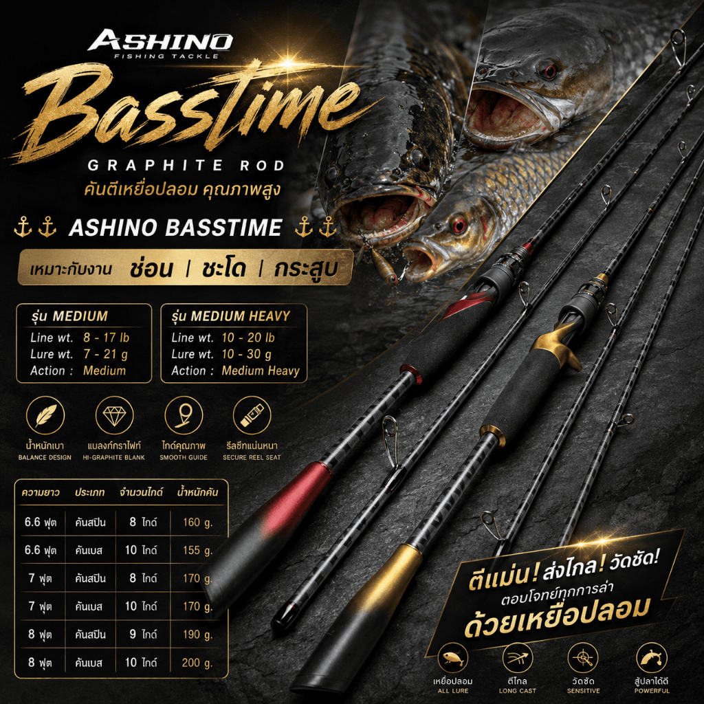 [ ของแท้ ]  คันเบ็ดตกปลา คันตีเหยื่อปลอม กราไฟท์ Ashino Basstime เหมาะกับงานช่อน ชะโด กระสูบ เหยื่อปลอม