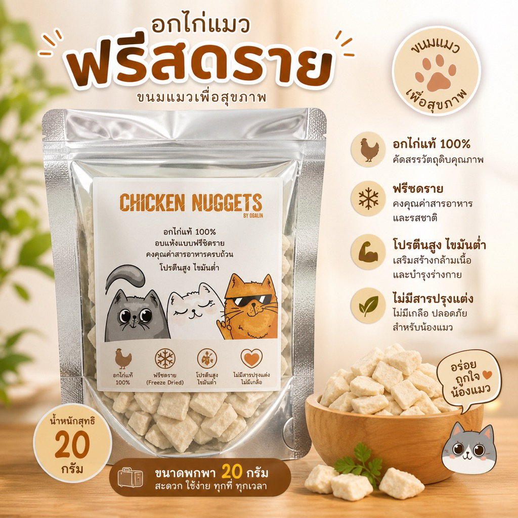 ขนมอกไก่ 20กรัม สำหรับน้องแมว