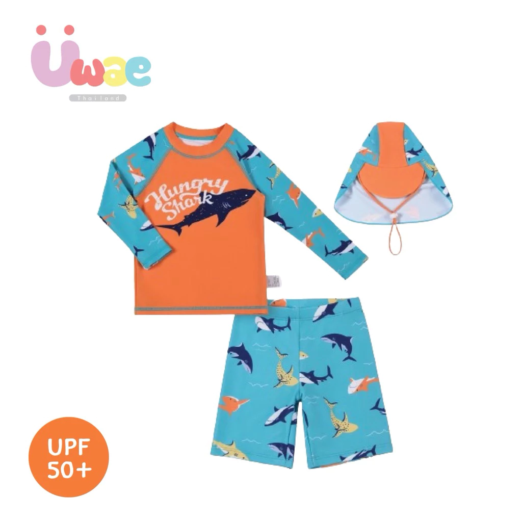 Uwae ชุดว่ายน้ำเด็กชายกันยูวี พร้อมหมวกกันแดด Blue&Orange Sharks รุ่น UV380
