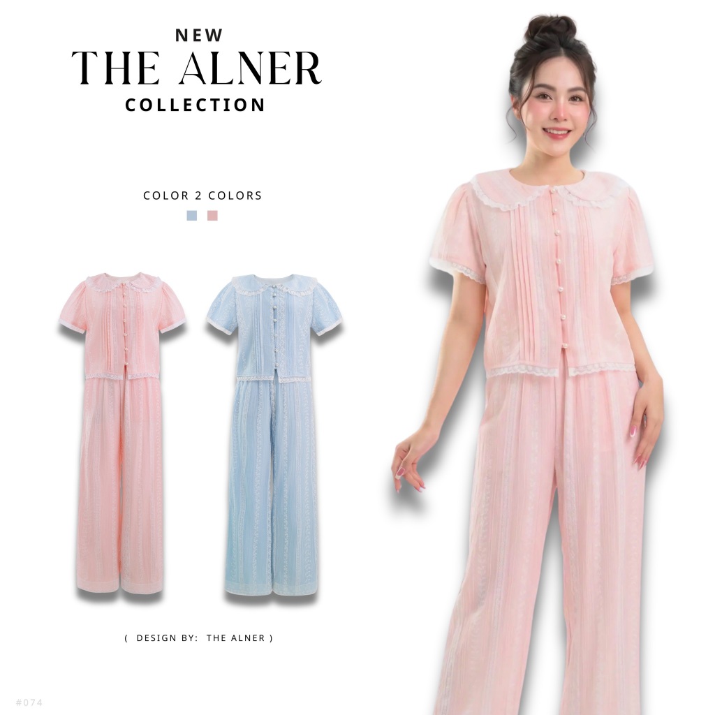 Thealner- AN074  เซตเสื้อคอบัวแขนตุ๊กตากางเกงขายาว