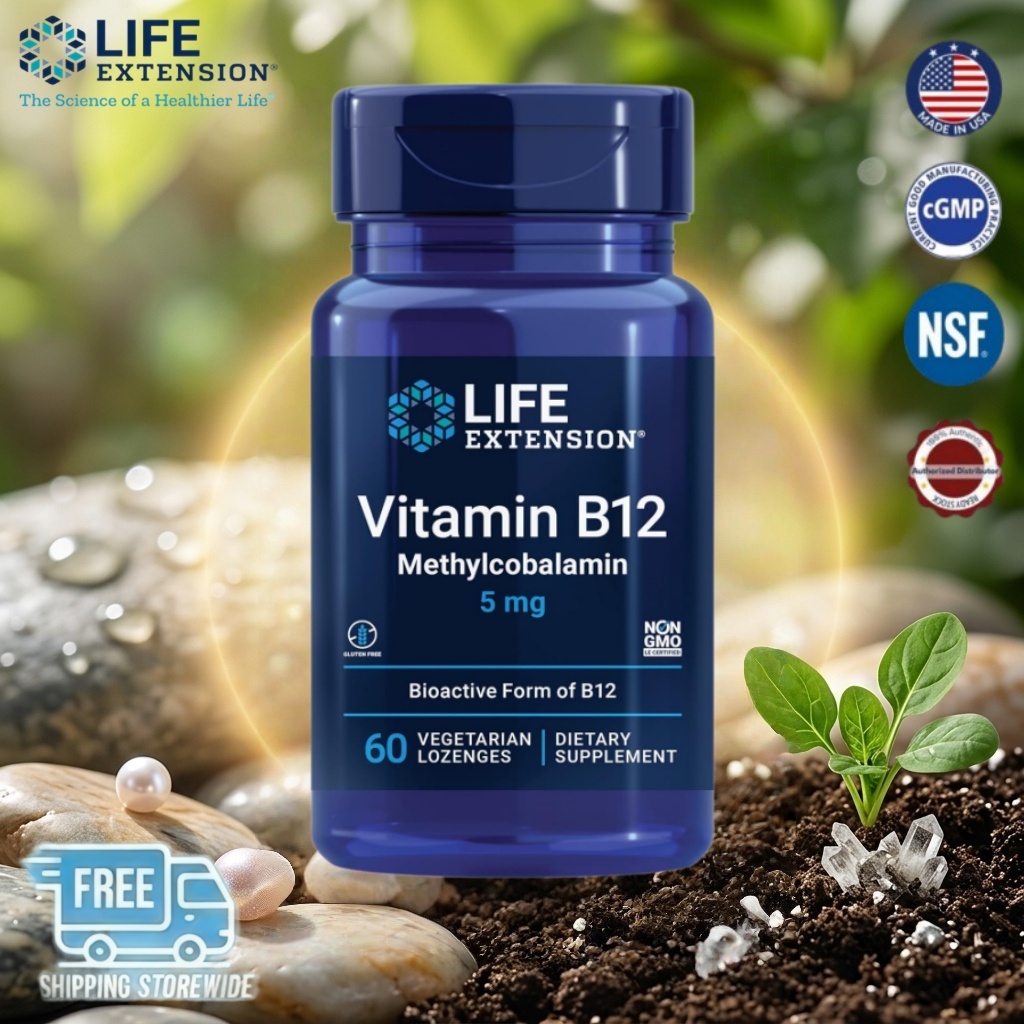 Life Extension Methyl B12 5 mg วิตามินบำรุงสมอง ประสาท พลังงาน ความจำ ละลายเร็ว มังสวิรัติ Non-GMO ไม่มีกลูเตน 60เม็ด