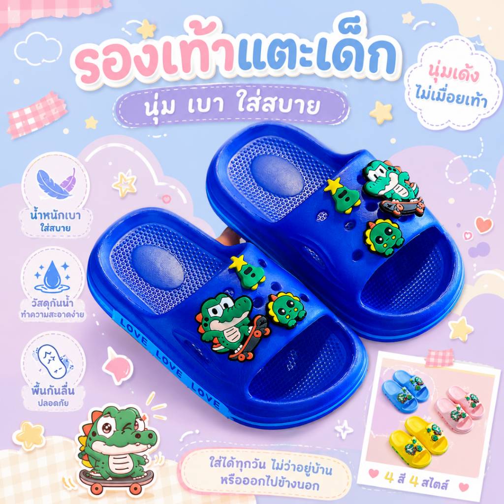 องเท้าแตะยางเด็ก ลายจระเข้ พื้นนุ่มกันลื่นพิเศษ ใส่สบาย ปลอดภัย สำหรับซัมเมอร์
