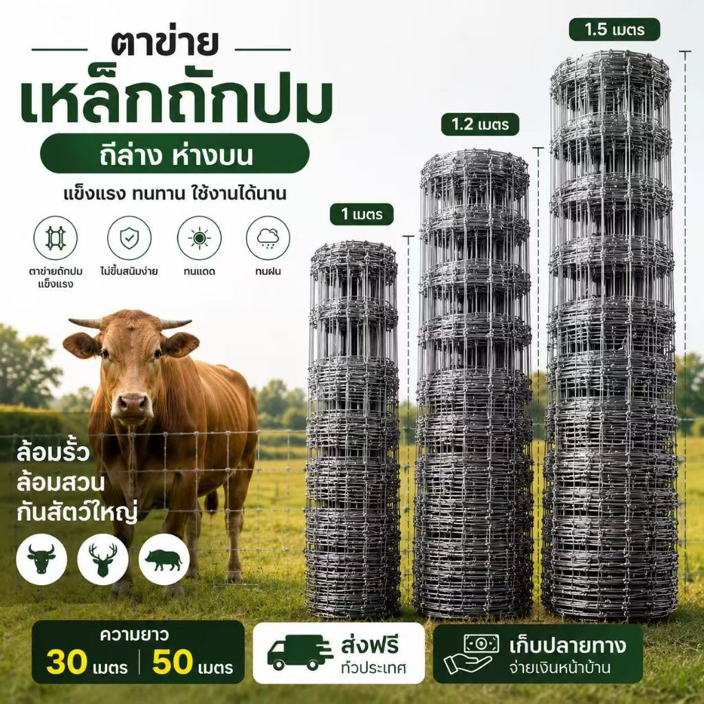 รั้วตาข่ายถักปม รั้วถักปม เกลียว ล้อมคอก ยาว30-50เมตร สูง 1/1.2/1.5 เมตร เหล็กล้อมรั้ว กันสนิม ทนทาน