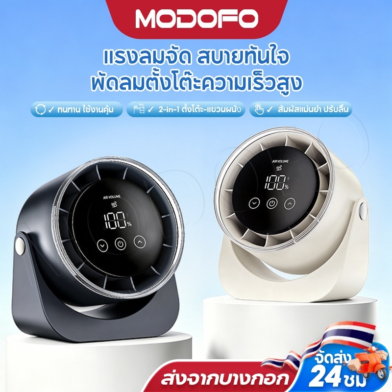 MODOFO พัดลมตั้งโต๊ะ ไร้เสียงความเร็วสูง 2in1 ติดผนังและตั้งโต๊ะ จอแสดงผล Led 100 สปีด มุมปรับ180องศา