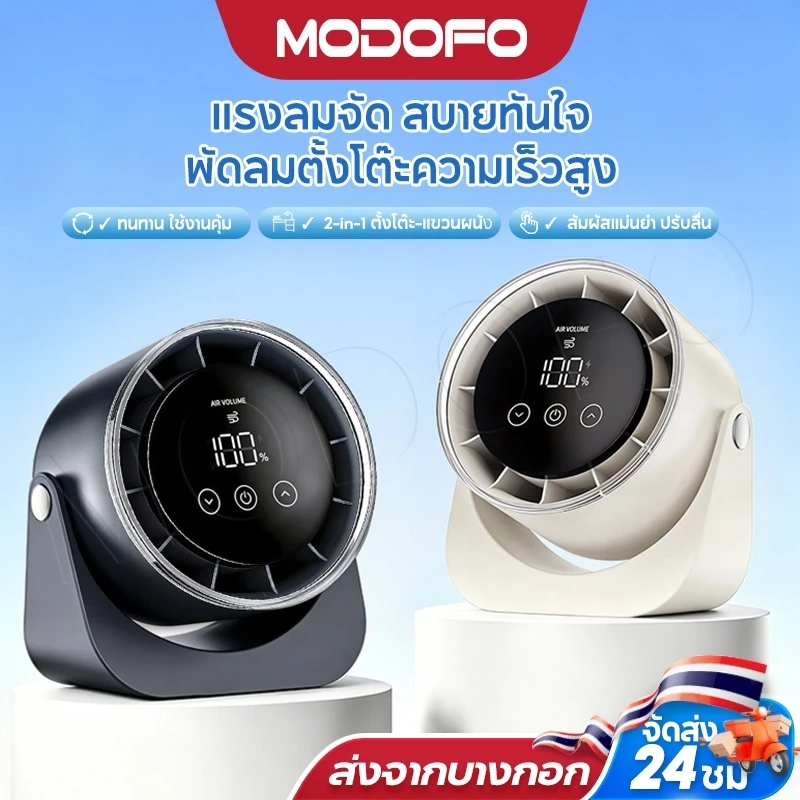 MODOFO พัดลมตั้งโต๊ะ ไร้เสียงความเร็วสูง 2in1 ติดผนังและตั้งโต๊ะ จอแสดงผล Led 100 สปีด มุมปรับ180องศา
