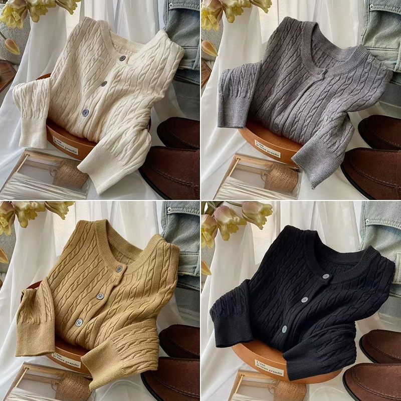 ส่งจากไทย ผ้าถักแขนยาว หญิงเสื้อคาร์ดิแกนถัก สีพื้น กระดุมหน้า สไตล์ลำลอง #F076