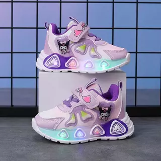รองเท้าเด็กผู้หญิง มีไฟ LED ลายการ์ตูนน่ารัก สีชมพู ม่วง รองเท้าผ้าใบไม่ใช่ผ้าตาข่าย