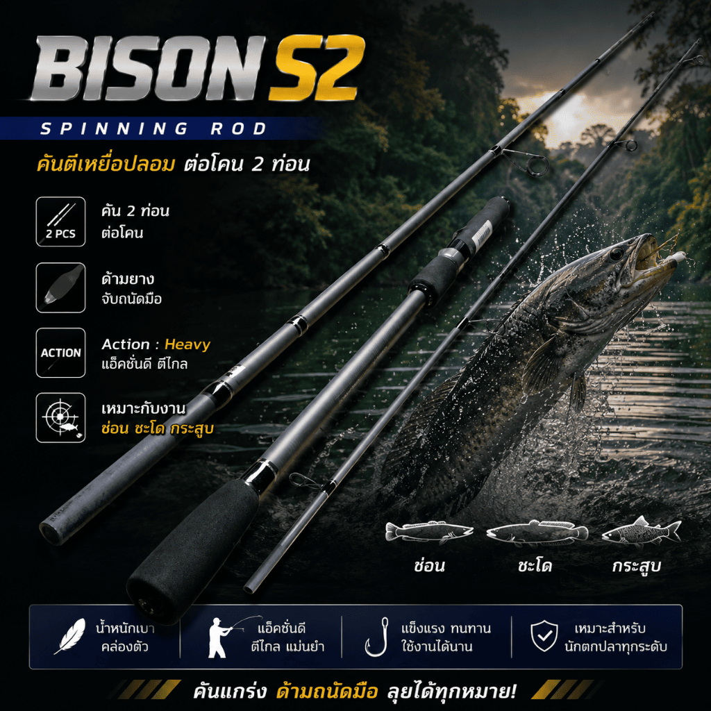 [ ของแท้ ]  คันเบ็ดตกปลา คันตีเหยื่อปลอม คันไบซัน ต่อโคน Bison S2 เหมาะกับงานช่อน ชะโด กระสูบ Spinning