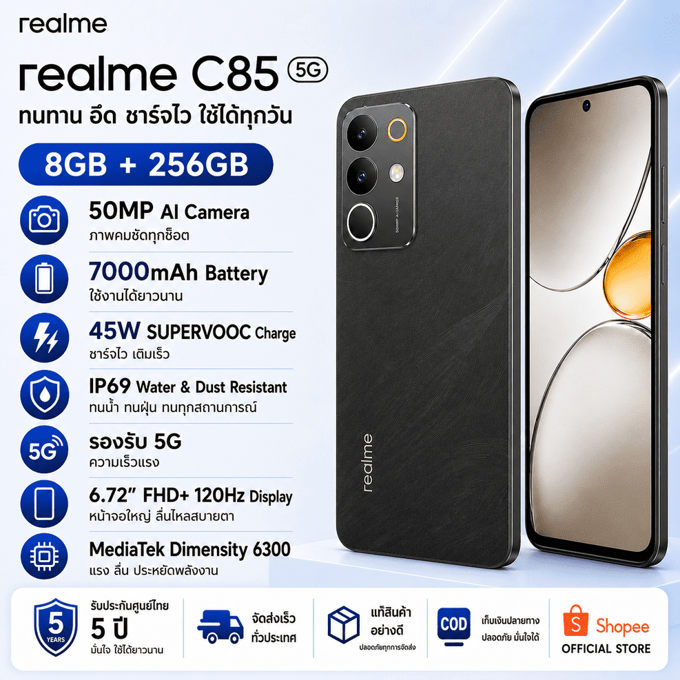 Realme C85 5G 8+256 | จอ 6.8 นิ้ว | กล้อง 50MP | แบต 7,000 mAh | รองรับชาร์จไว 45 W | ประกันศูนย์ไทย