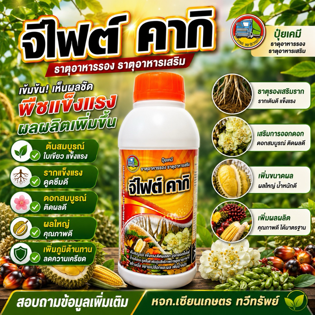 จีไฟต์คากิ ขนาด 1 ลิตร ขั้วเหนียว ช่อดอกแข็งแรง สร้างเนื้อ เพิ่มความหวาน ผลใหญ่