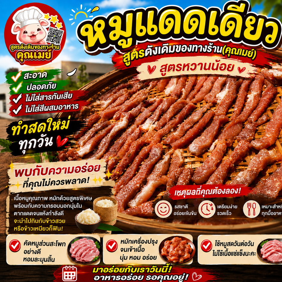 หมูแดดเดียว 1 กิโล สูตรหวานน้อย รสชาติกลมกล่อม สะอาด ปลอดภัย ไม่ใส่สารกันเสีย  ทำสดใหม่ทุกวัน