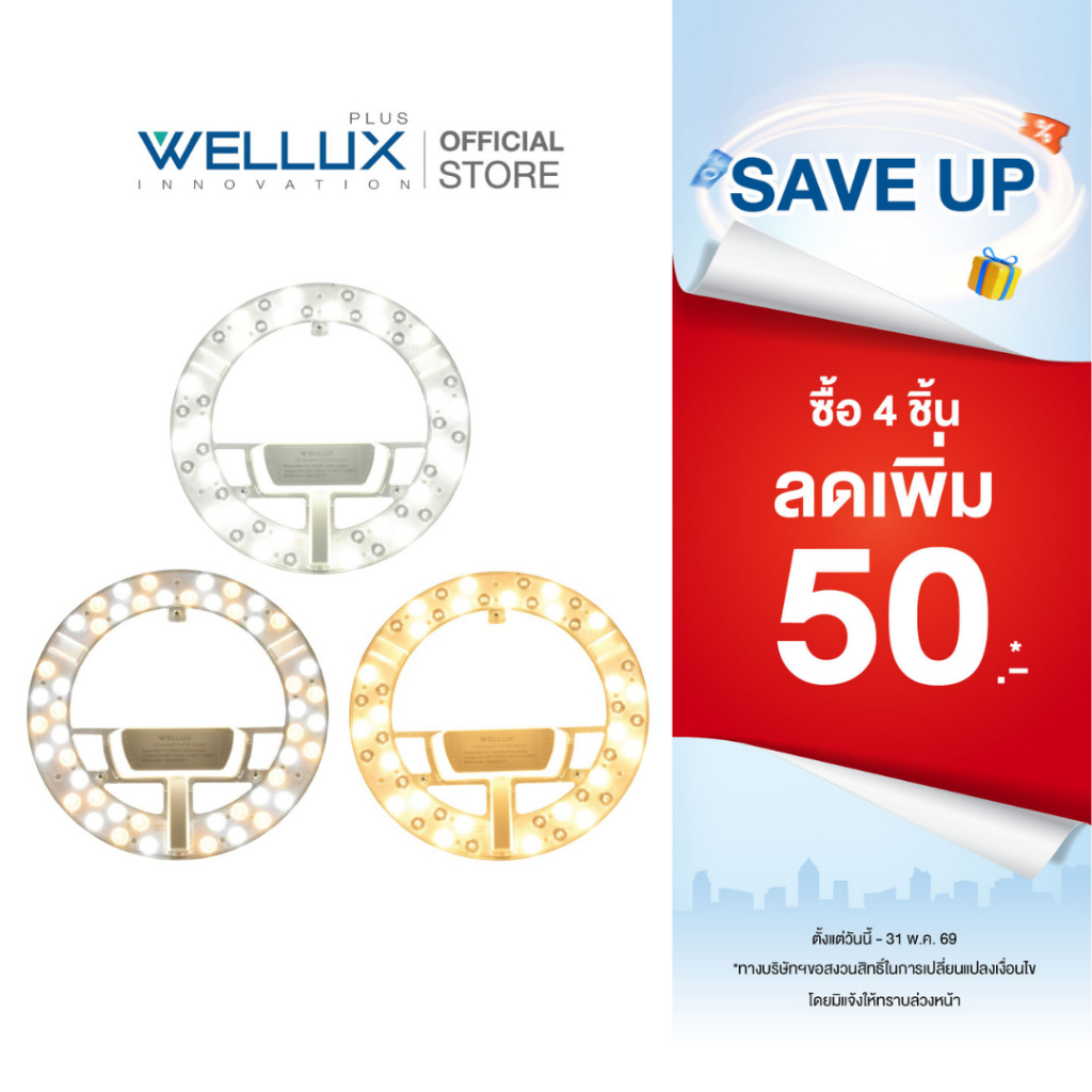 WELLUX แผงไฟแม่เหล็ก 3 แสง 36W แสงขาว แสงวอร์ม แสงคลู ทดแทนหลอดนีออนกลม LED CIRCLE MODULE 3 STEP