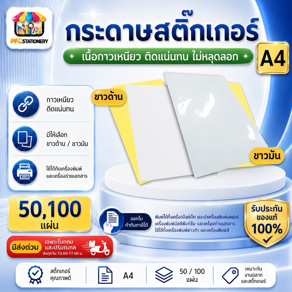 [ส่งทันที]กระดาษสติ๊กเกอร์ A4 ขาวมันขาวด้าน 50-100 แผ่น สติกเกอร์หนา80แกรม ฉลากสินค้ากระดาษ